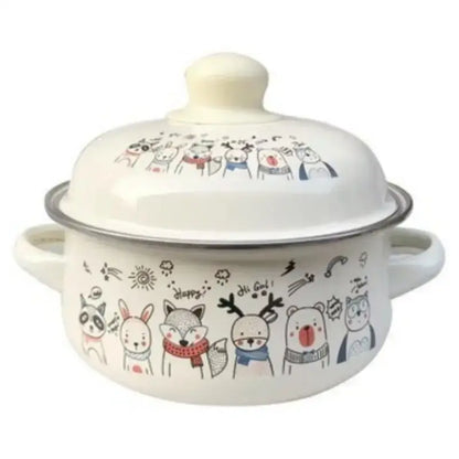 Yellow enamel cooking pot with lid featuring white enamel stock pot design and playful pastel cartoon animals