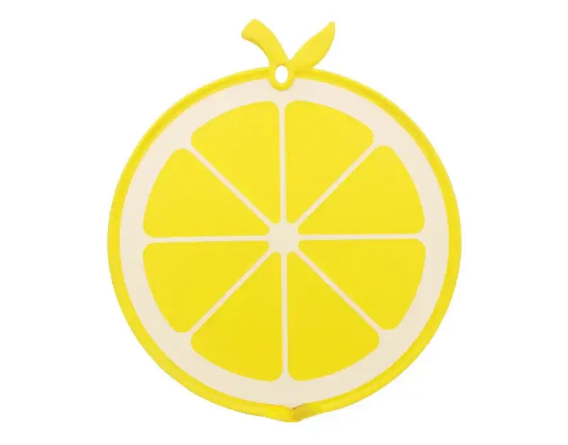 Yellow fruit shape silicone chopping board with white segmented interior and small stem loop for kitchen decorbites fruit shape