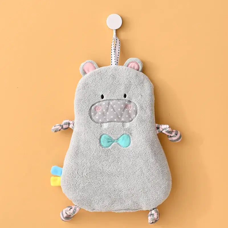 Gray plush hippo hand towel with pink ears turquoise bow tie and striped fabric arms for decorbites cartoon animals hand use