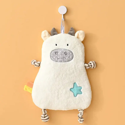 Yellow giraffe cartoon animals hand towel with a soft white plush cow hanging toy for bathroom decorbites cartoon animals hand