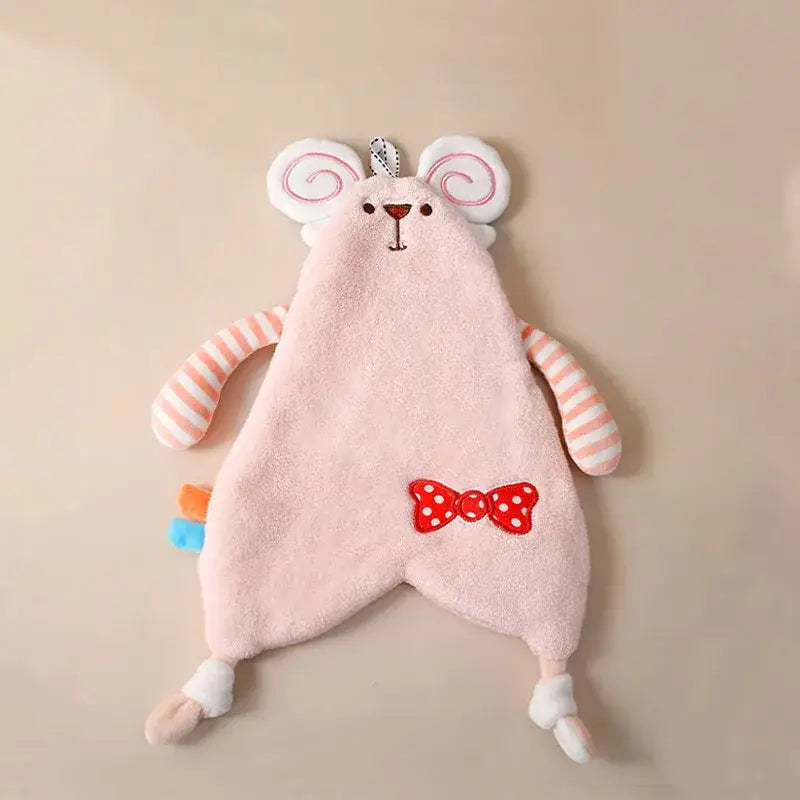 Yellow giraffe cartoon animals hand towel featuring a pink plush mouse comforter with striped arms and red polka-dot bow decorbites cartoon animals hand