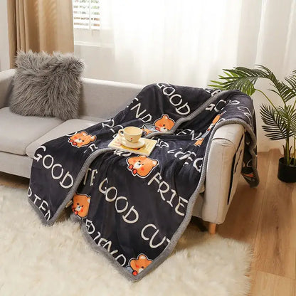 Dark blue plush cartoon flannel blanket with orange bears good friend text and gray fuzzy trim by decorbites cartoon flannel