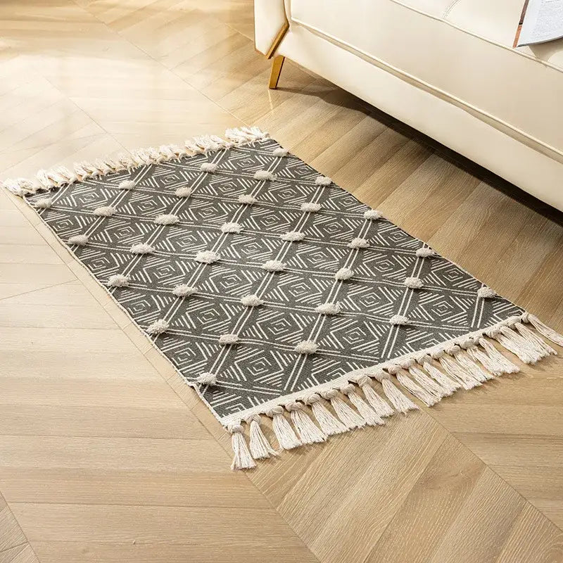 Gray and cream geometric floor mat with tassels decorbites handmade nordic 3d tassel for living room decor