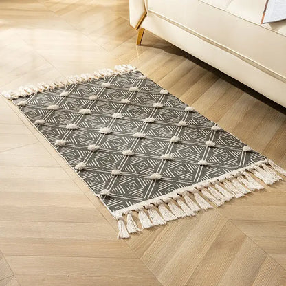 Gray and cream geometric floor mat with tassels decorbites handmade nordic 3d tassel for living room decor