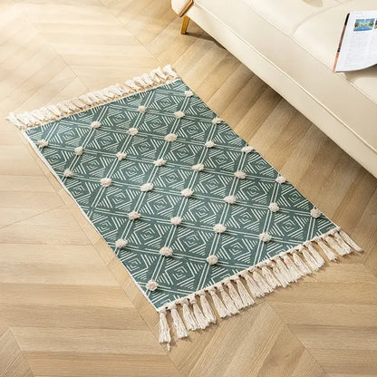 Teal and cream geometric floor mat with tassels nordic 3d tassel decorbites handmade nordic living room decor