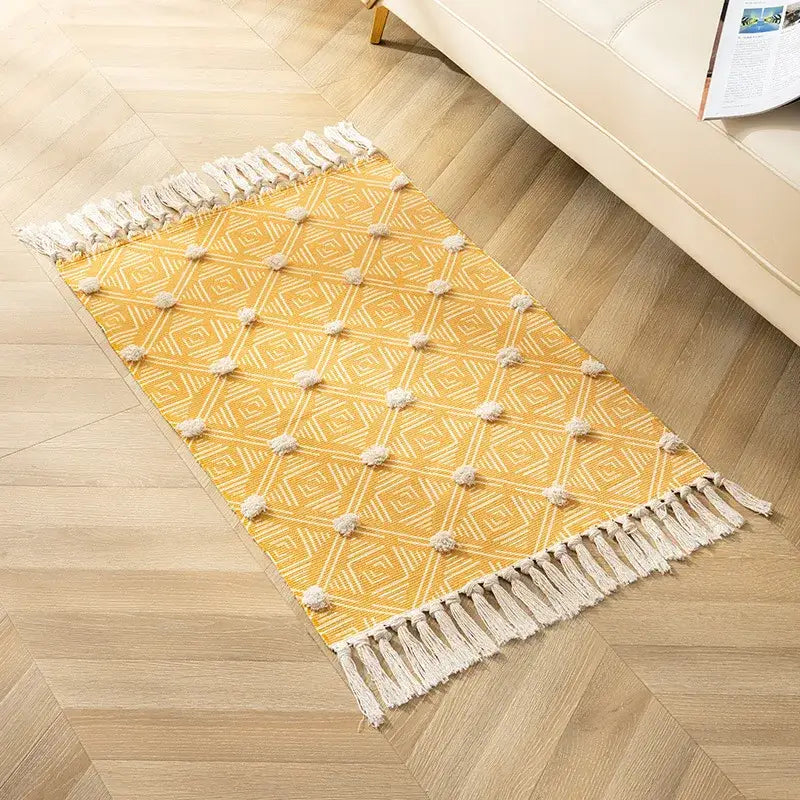 Yellow woven floor mat with cream geometric pattern and nordic 3d tassel decorbites handmade living room decor