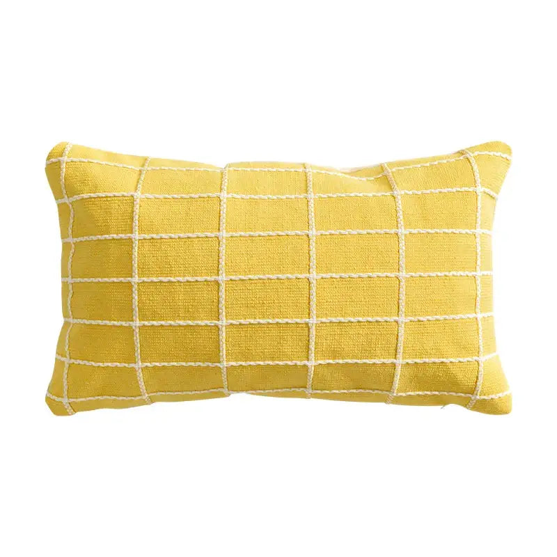 Yellow rectangular cushion cover with white grid stitching made of decorbites cotton woven check for living room decor