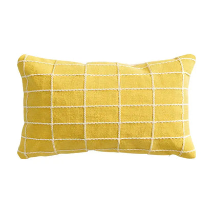 Yellow rectangular cushion cover with white grid stitching made of decorbites cotton woven check for living room decor