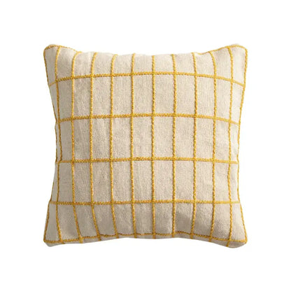 Cream-colored decorbites cotton woven cushion cover with bold mustard-yellow grid stitching for living room decor