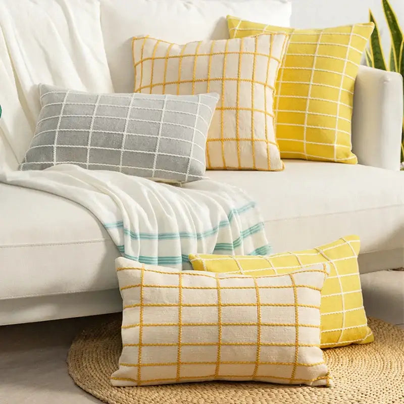 Yellow and cream grid-patterned cotton woven check cushion cover with textured fabric for living room decorbites cotton woven decor