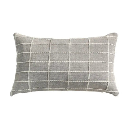 Gray rectangular decorbites cotton woven cushion cover with white stitched grid pattern for living room decor