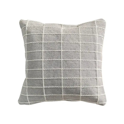 Gray throw pillow with subtle white grid pattern on textured fabric decorbites cotton woven check cushion cover for living room