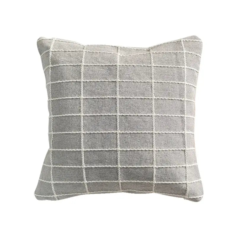 Gray throw pillow with subtle white grid pattern on textured fabric cotton woven check cushion cover decorbites