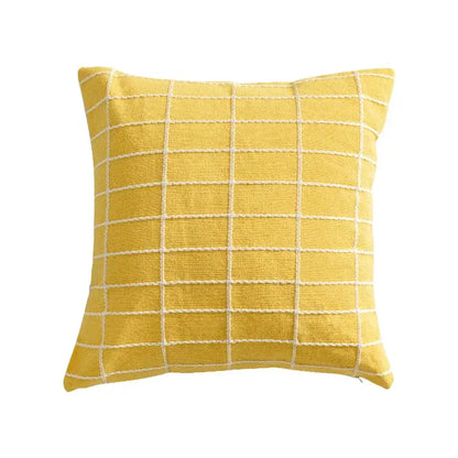 Yellow square cotton woven check cushion cover with white embroidered grid pattern for living room decorbites decor
