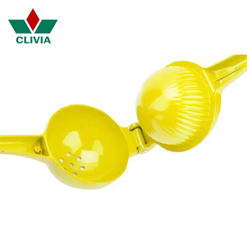 Bright yellow clivia brand hand press citrus juicer with glossy plastic body and ribbed squeezing surface for kitchen use