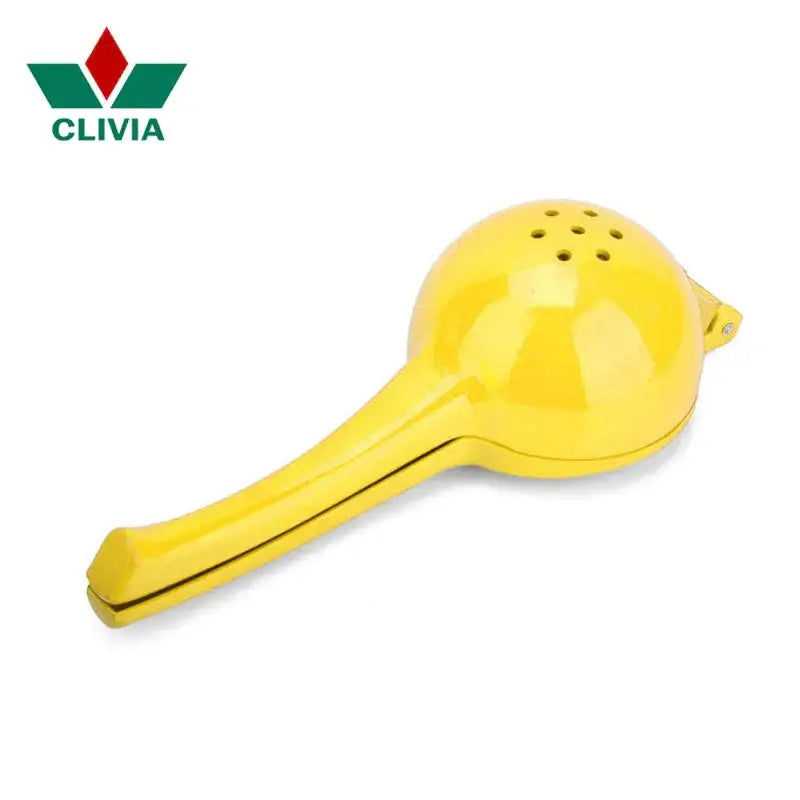 Bright yellow aluminum hand press citrus juicer with glossy finish and perforated top for efficient lemon squeezy
