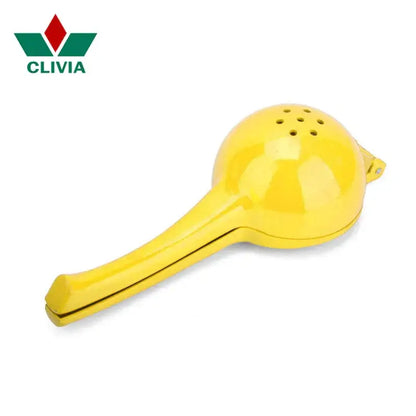 Bright yellow aluminum hand press citrus juicer with glossy finish and perforated top for efficient lemon squeezy