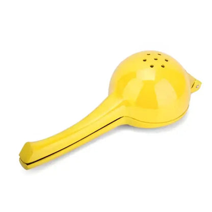 Bright yellow hand press citrus juicer with rounded perforated top and handle made of aluminum for kitchen use
