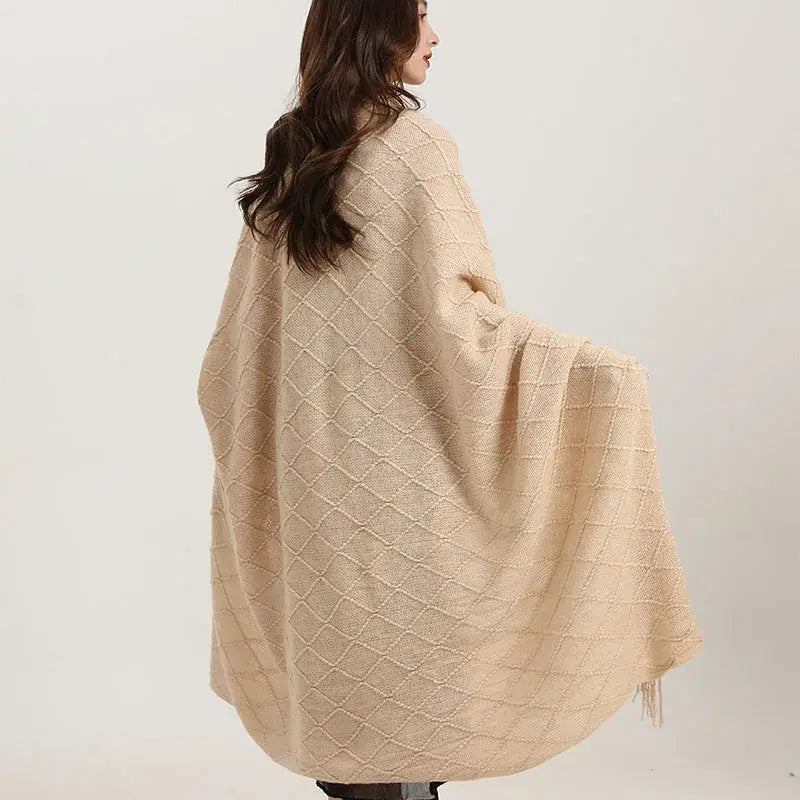 Beige decorbites knitted diamond blanket made of wool with fringe, perfect as a bedroom shawl wrap or decorbites knitted accessory