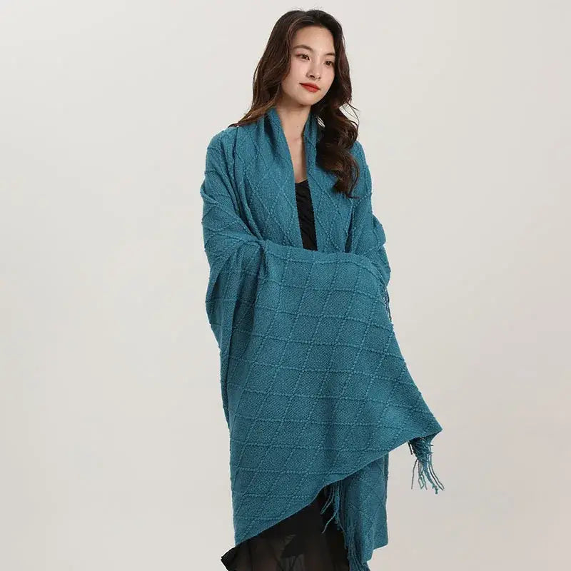 Teal decorbites knitted diamond wrap with fringed edges ideal as a knitted diamond blanket or bedroom shawl wrap