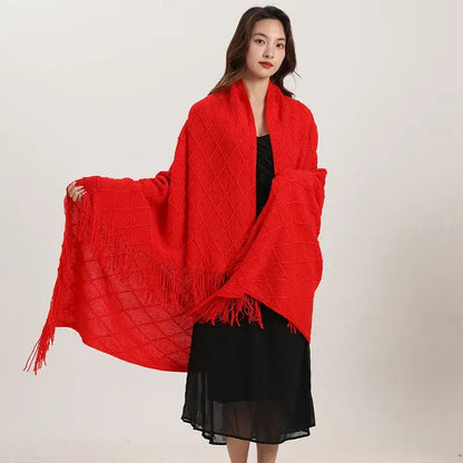 Vibrant red knitted diamond shawl wrap with fringed edges from decorbites knitted diamond blanket collection