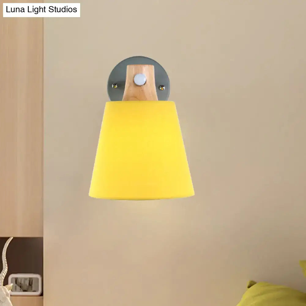 Bright yellow macaron fabric wall light with e26 e27 conical glass lampshade and wood accent bedroom sconce mounted on metal plate