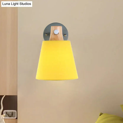 Bright yellow macaron fabric wall light with e26 e27 conical glass lampshade and wood accent bedroom sconce mounted on metal plate
