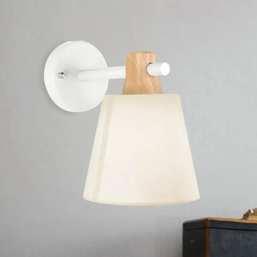 Minimalist yellow macaron fabric wall light with e26 e27 socket, white metal base, and wood accent bedroom sconce