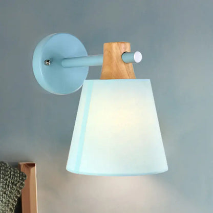 Light blue wall light with wooden accent and frosted glass shade featuring macaron fabric and e26 e27 compatibility