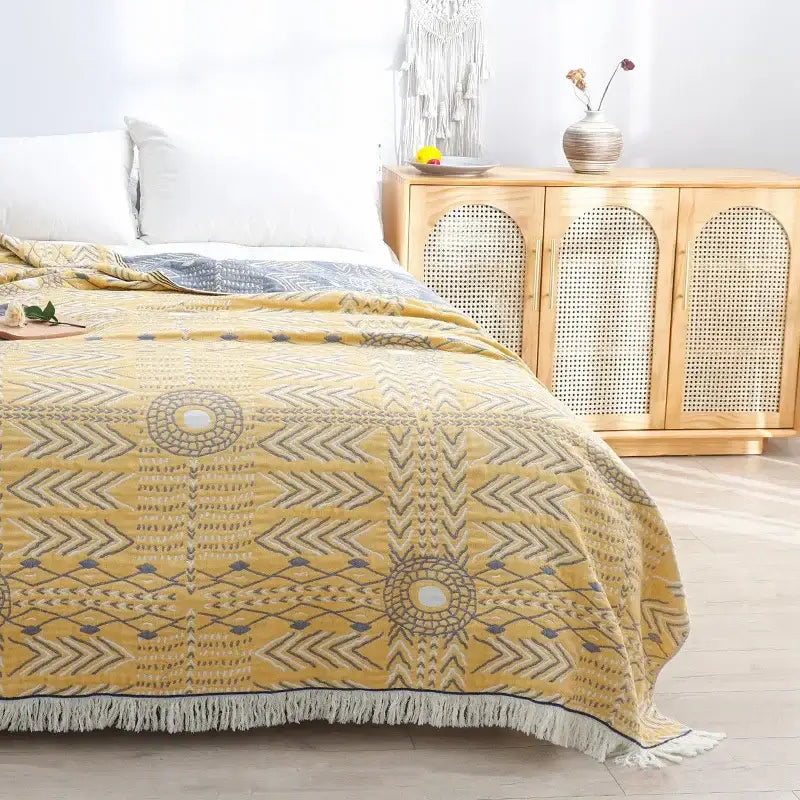 Yellow navy and white cotton gauze soft throw blanket with geometric patterns and white fringe for bedroom decorbites cotton gauze