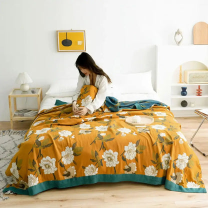 Warm orange floral decorbites cotton gauze soft throw blanket with teal border for bedroom decor