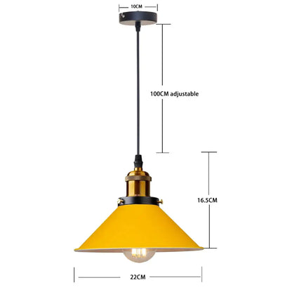 A vibrant yellow conical decorbites colorful nordic pendant light with brass metal fixture and black mounting hardware