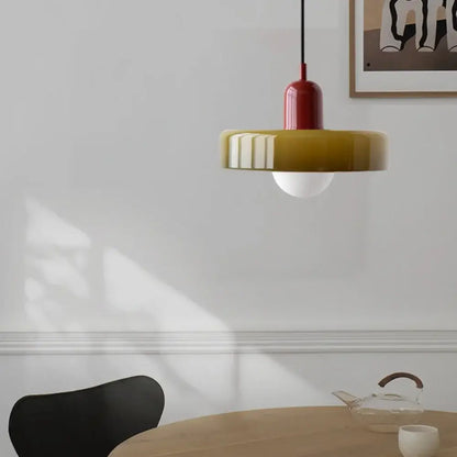 Yellow and olive green nordic canteen chandelier kitchen pendant light with red cylindrical top and frosted glass bulb