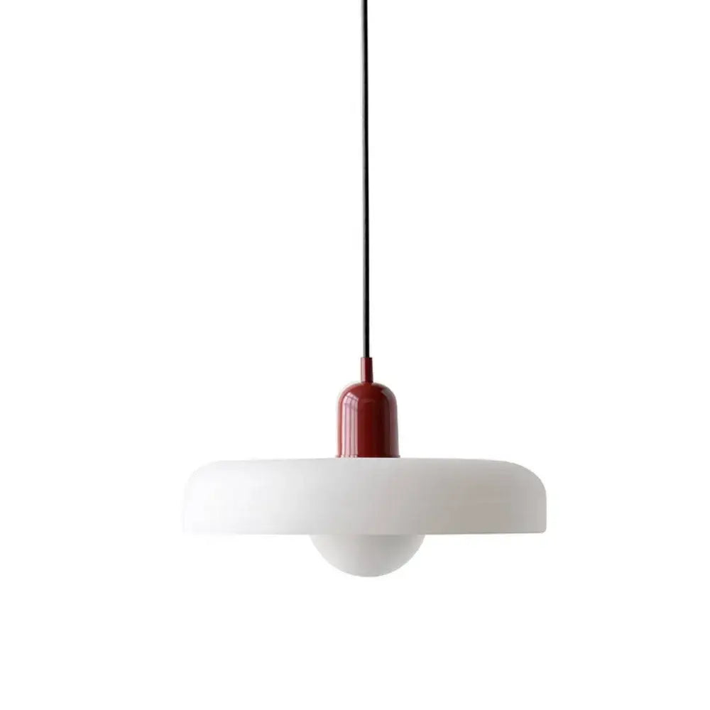 Minimalist nordic canteen chandelier pendant light with matte white disc shade and glossy red cylindrical base for kitchen decorbites cream nordic