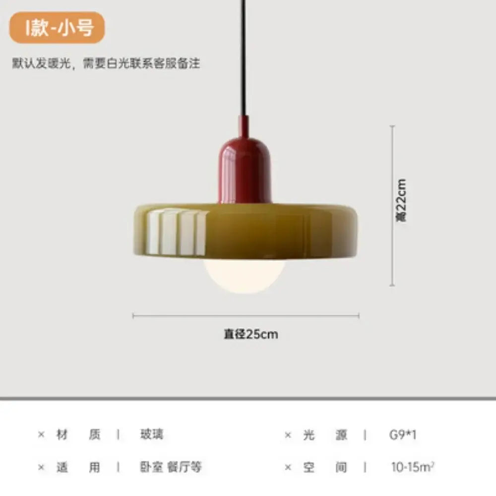 A nordic canteen chandelier kitchen pendant light with a glossy olive green glass shade and matte red metal top suspended by black cord