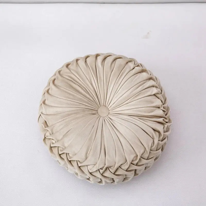 Beige velvet round throw pillow with pleated sunburst design and central button for living room decorbites 3d pumpkin decor