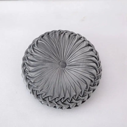 Gray velvet round throw pillow with pleated sunburst design and central button for living room decorbites 3d pumpkin decor
