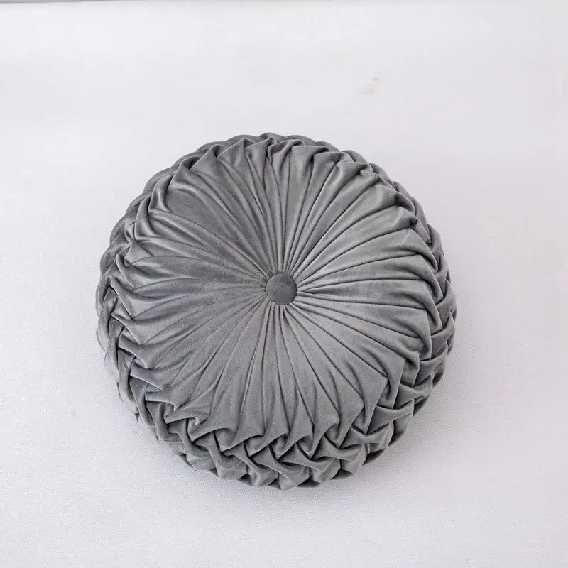 Gray velvet round throw pillow with pleated sunburst design and central button for living room decorbites 3d pumpkin decor