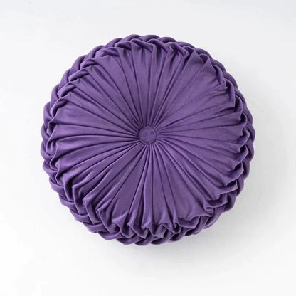 Purple round throw pillow with pleated radial velvet design for living room decorbites 3d pumpkin style