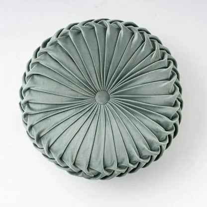 Round sage green velvet throw pillow with pleated radial design for decorbites 3d pumpkin living room decor