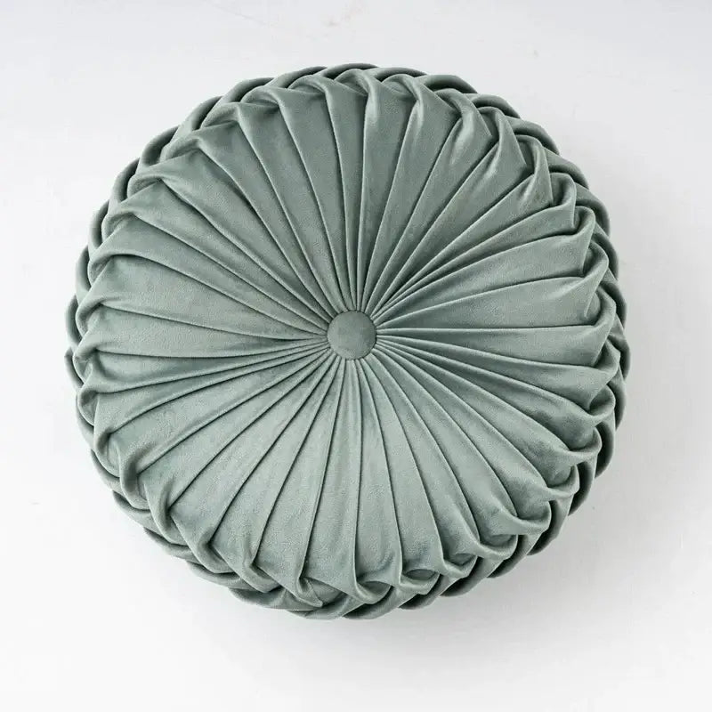 Round sage green velvet throw pillow with pleated radial design for decorbites 3d pumpkin living room decor