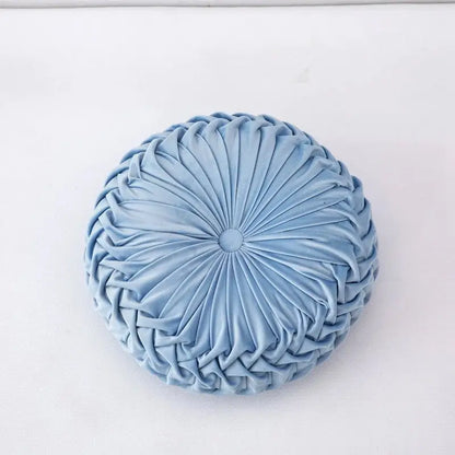 A soft light blue velvet throw pillow with circular pleated design and central button for living room decorbites 3d pumpkin decor