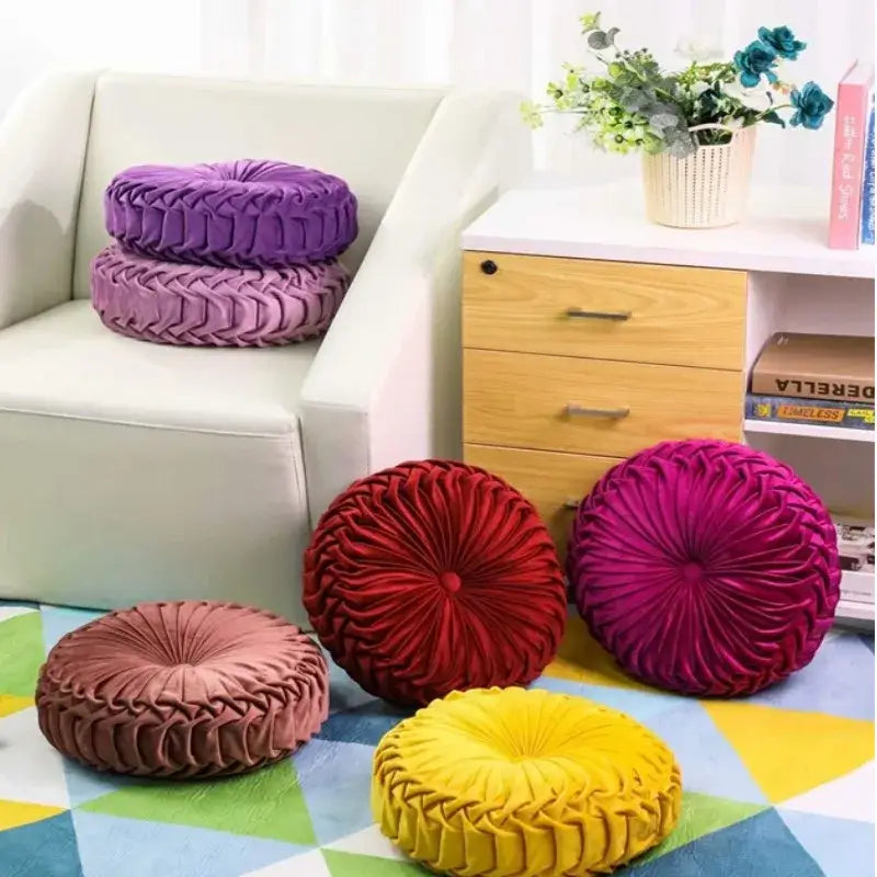 Yellow pleated velvet round throw pillow with plush design and central button detail for elegant living room decorbites throw pillow