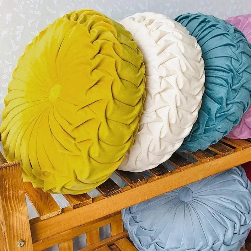 Vibrant yellow pleated velvet round throw pillow with flower-like design for living room decorbites 3d pumpkin style