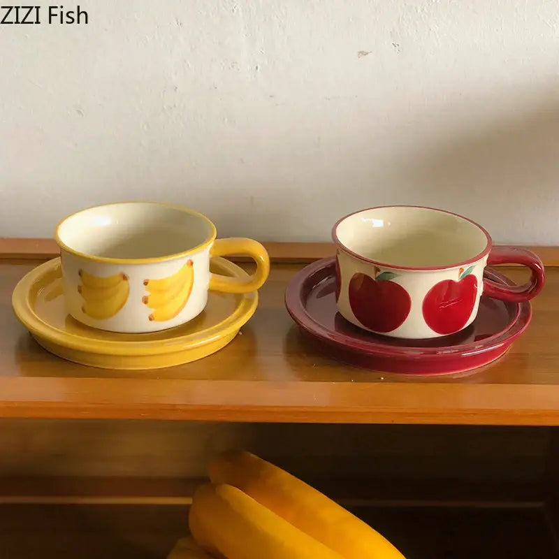 A yellow and red fruits pattern porcelain coffee mug set with ceramic cups and matching plates for dining room decorbites fruits pattern