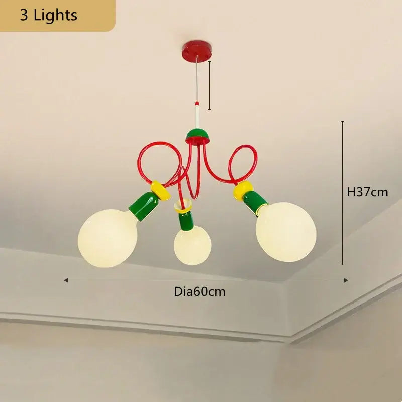 Yellow red and green decorbites colorful led floor lamp with red and green chandelier and three glowing spherical bulbs