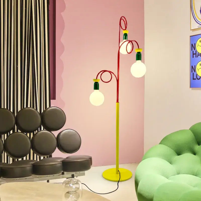 Vibrant red and yellow decorbites colorful led floor lamp with three glowing bulb fixtures for bedroom art light decor