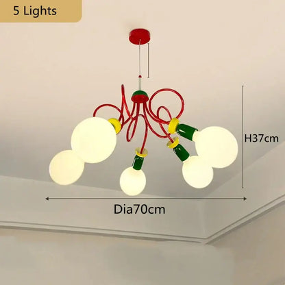 A vibrant yellow red and green colorful led floor lamp with five glowing spherical bulbs for bedroom decorbites colorful led