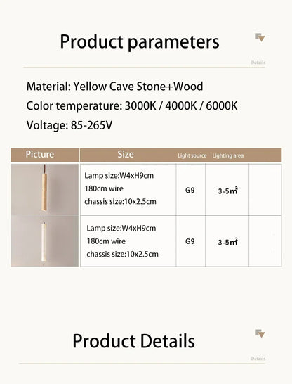 Yellow stone pendant light featuring a cylindrical yellow cave stone and wood design with adjustable color temperatures