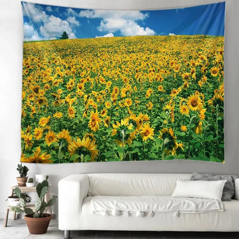 Yellow sunflower hippie bohemian tapestry featuring vibrant golden blooms and lush green stems under a bright blue sky for bedroom wall hanging